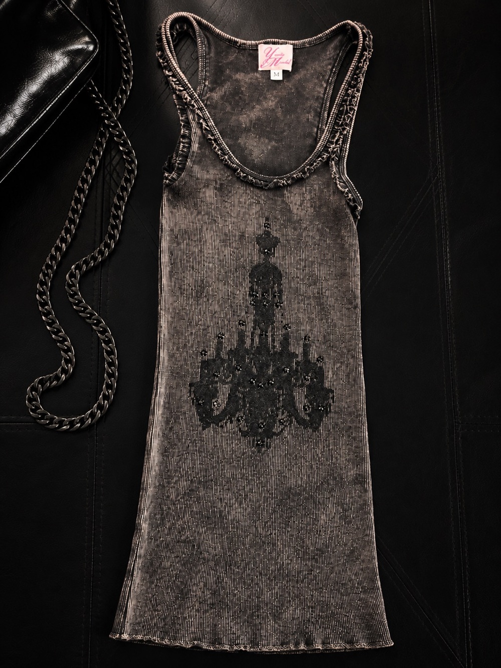 Yvette Mandell Y2K Washed Black Rhinestone Chandelier Tank M